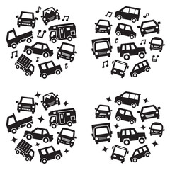 circle icon gallery of various car - silhouette medium size version - twinkle and musical note