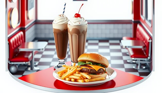 Cheeseburger And Fries With Milkshakes In A Retro American Diner With Red Booths And Checkered Floor