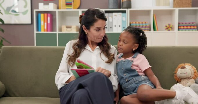 Reading, therapist and woman with child in office for speech therapy, language development and learning. Psychology, counselling and doctor with girl with book for help with dyslexia, phonics or adhd