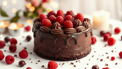 Chocolate Cake with Fresh Raspberries and Candlelight Bokeh in Studio Setup for Festive Celebration