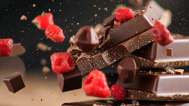Dark chocolate pieces stacked with raspberries and chocolate shavings, captured in a dynamic motion shot against a blurred dark background.  High contrast lighting emphasizes texture and depth