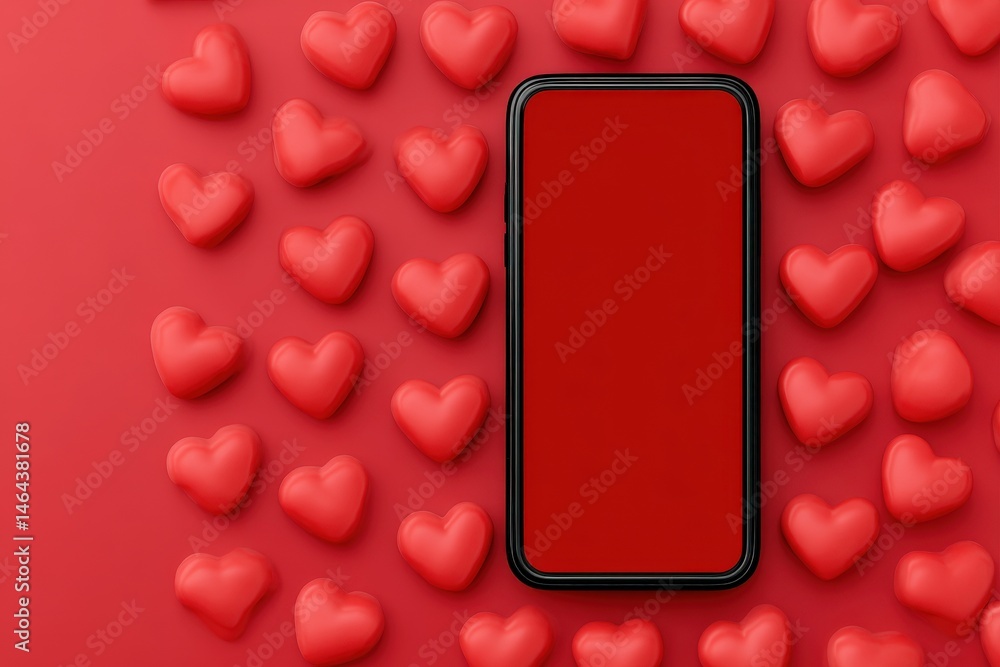 Poster vibrant smartphone surrounded by playful red heart shapes creating a romantic atmosphere perfect for
