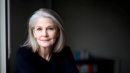 Portrait of a serene and dignified elderly woman with shoulder length gray hair displayed in soft natural lighting against a minimalist textured background