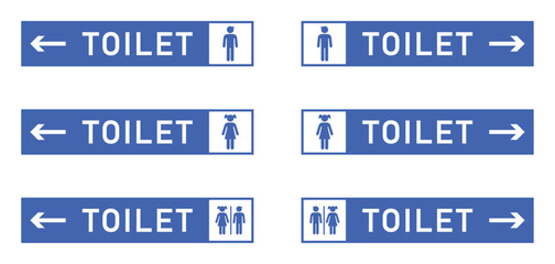 Set of blue and white toilet sign with male, female, and unisex icons and directional arrows. Public spaces, airports, malls, and restrooms, wayfinding, or facility layout design. Vector illustration.