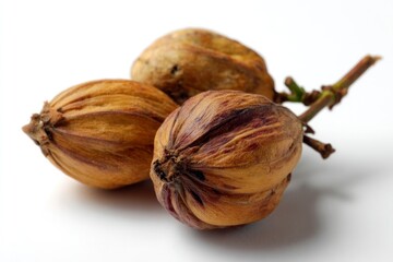 Group of Brown Nuts with Branch on White Background Still Life