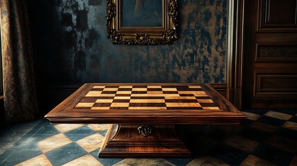 Intricate wooden chessboard table in a grand room.