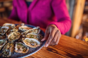 Obraz premium Hand reaching for fresh oysters on a textured plate