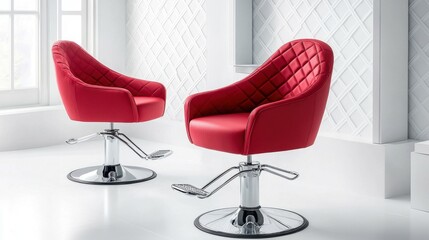 Obraz premium A vibrant red hair salon chair adding a bold accent to a neutral-toned salon interior with clean architectural details