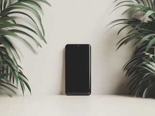 Modern smartphone standing upright on a white surface amidst lush green palm leaves with minimalistic background for technology and communication themes