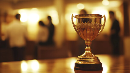 Golden trophy on table in conference room with blurred people celebrating behind