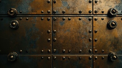 Detailed shot of riveted gold metal plates forming a machine casing wall