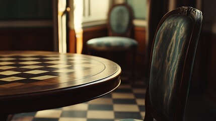 A dimly lit interior with antique furniture and a round table.