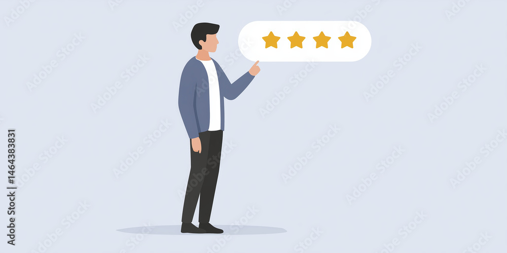 Poster man standing with a speech bubble displaying five stars, representing customer feedback and satisfac