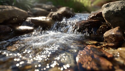 A close-up of the water flowing over rocks in an outdoor stream, with sunlight reflecting off its surface