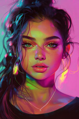Fototapeta premium Colorful neon light portrait of a young woman with vibrant makeup and rainbow hues illuminating her face in a modern artistic style