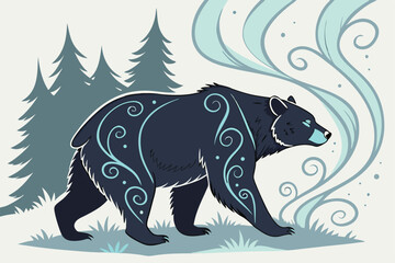 72 Magical bear, glowing blue spirit energy, forest silhouette, misty background, ethereal atmosphere, spiritual animal guide, intricate swirling patterns, dark fur, luminescent markings, mystical aur