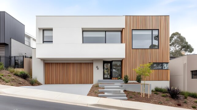 Sleek modern home with a symmetrical facade featuring an integrated garage and natural wood and concrete materials that create a minimalist contemporary style