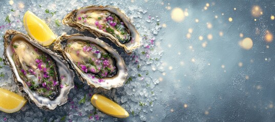 Succulent oysters on ice a garnished culinary delight