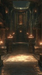 Naklejka premium Dark, grand hall with ornate architecture, dimly lit by candles. Vast stairway leads to elevated platform