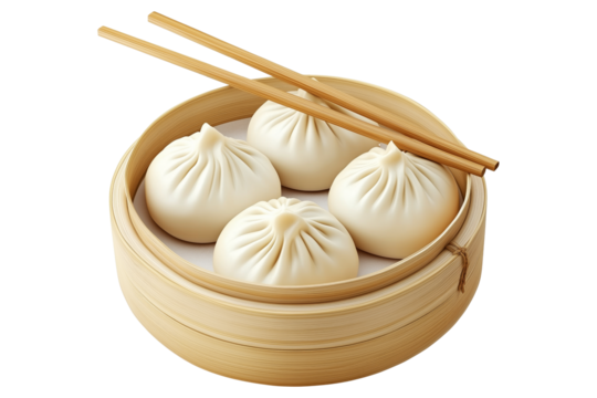 Steamed dumplings in bamboo steamer with wooden chopsticks placed on top, isolated on a white transparent background, concept of Asian cuisine