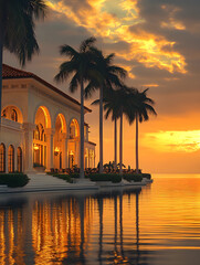 Lakeside Sunset Silhouette of Villa Amidst Palm Trees and Reflection