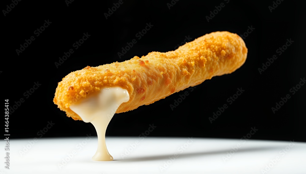 Poster fried mozzarella stick with melting cheese in studio setting on white surface against dark backgroun