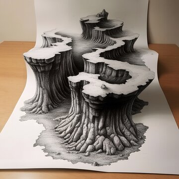 Stunning 3D Anamorphic Rock Formation Drawing Ink Pen Art Landscape Illustration