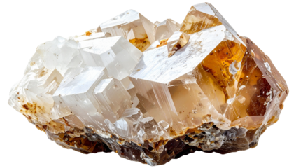 Uneven mineral crystal with translucent edges, featuring natural white and earthy brown tones, sharp and irregular surfaces, isolated on a solid white background 