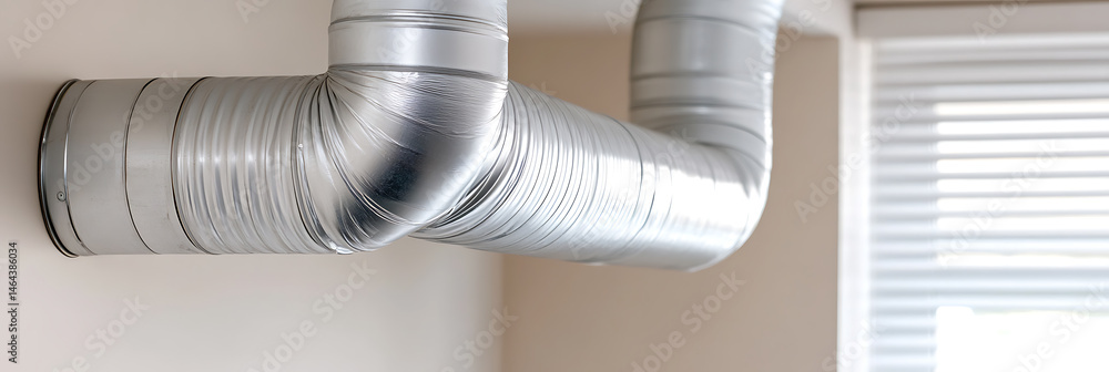 Poster ductwork with right angles and corrugated surface along a tan wall with a window in the background o