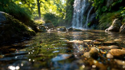 A close-up of the water flowing over rocks in an outdoor stream, with sunlight reflecting off its surface
