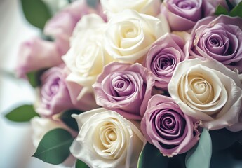 Obraz premium Beautiful arrangement of white and purple roses with green leaves in a close-up shot, showcasing vibrant colors and delicate textures for floral design lovers and events.