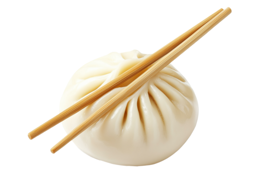Traditional steamed Chinese bao bun with wooden chopsticks isolated on white transparent background, representing Asian cuisine and culinary culture