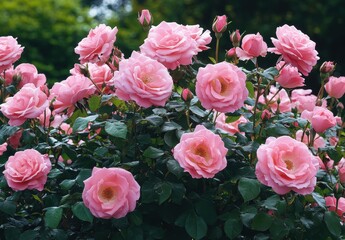 Fototapeta premium Beautiful blooming pink roses in a lush garden showcasing vibrant petals and green leaves, creating a serene and picturesque floral display for nature lovers