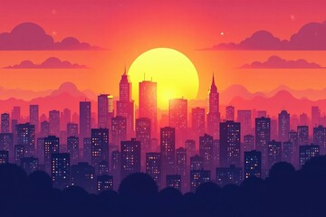 Fototapeta premium Sunrise over stylized eastern city skyline, vibrant colors, element, abstract, sky