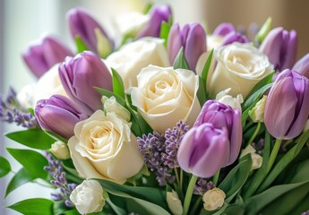 Fototapeta premium Beautiful bouquet of purple tulips and white roses with green leaves, perfect for celebrations, weddings, or as a gift for any occasion indoors