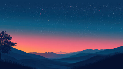 Fototapeta premium Tranquil mountain landscape at dusk with colorful sunset hues and a starry sky over rolling hills and silhouetted trees creating a peaceful natural scene