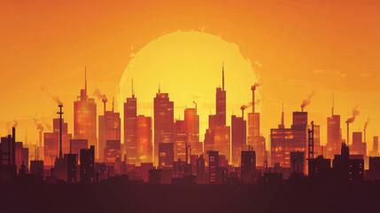 Fototapeta premium Vibrant Sunset Over Modern City Skyline with Tall Skyscrapers and Bright Orange Sky Creating Dramatic Urban Landscape Scene
