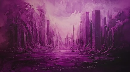 A purple, apocalyptic cityscape, a desolate, digital vista.