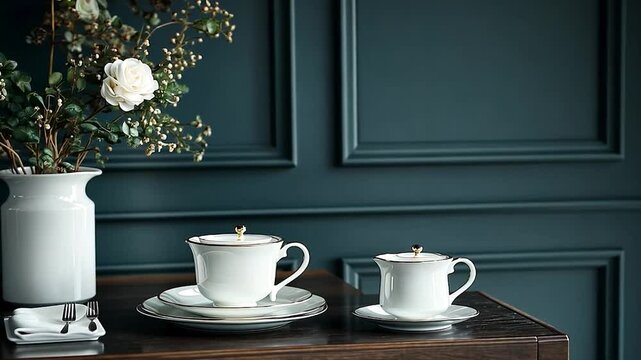 Elegant white porcelain tea set with gold accents, displayed on a dark wooden table next to a white vase with white flowers. Dark teal green wall background