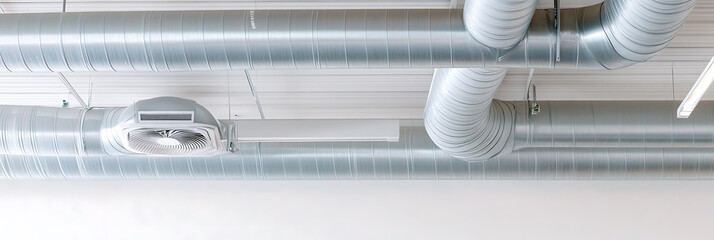 Exposed ductwork and ventilation system on a white ceiling, showcasing industrial design in a building's interior. Metal ducts and air distribution are visible.