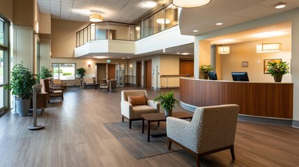 Modern lobby area with comfortable seating arrangements and a reception desk creates a welcoming atmosphere in the building with natural light and elegant decor.