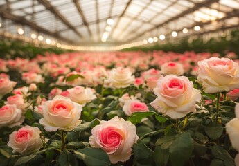 Beautiful greenhouse filled with blooming pink and white roses surrounded by lush green foliage and soft ambient light creating a serene atmosphere
