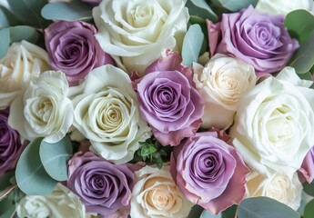Obraz premium Beautiful Mixed Arrangement of Delicate White and Lavender Roses Surrounded by Fresh Green Foliage in a Floral Display for Any Occasion