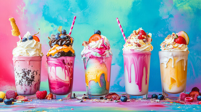 Different sweet delicious freak loaded shakes isolated on colorful vibrant background