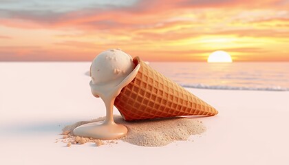 Melting Ice Cream Cone on Sandy Beach at Sunset with Ocean View Creamy Texture and Golden Hour Light
