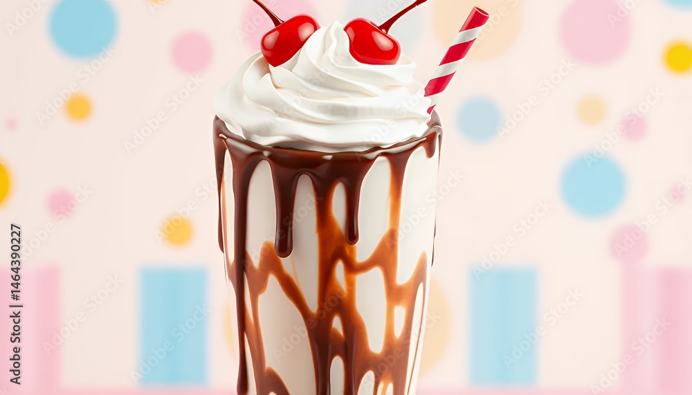 Poster milkshake with chocolate drizzle whipped cream and cherries on patterned background featuring red an