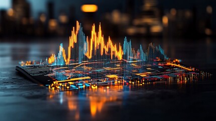 Data visualization over a dark surface, illuminated by orange and blue light beams