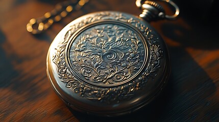 Close-up view of a vintage pocket watch's ornate design.