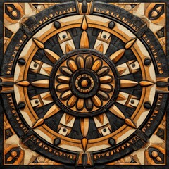Obraz premium Intricate golden and dark decorative compass design features a central flower motif within a square frame evoking ancient nautical art and symbolic meaning.