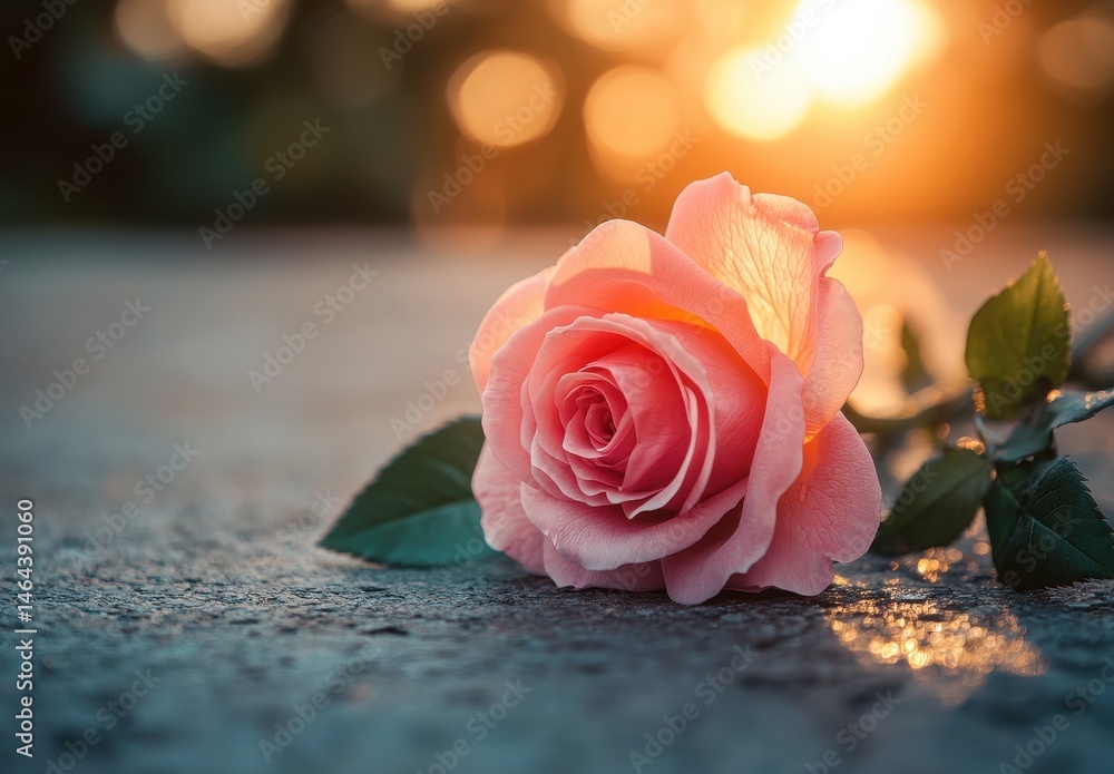 Poster beautiful pink rose flower resting on a surface with soft sunlight bokeh background during golden ho